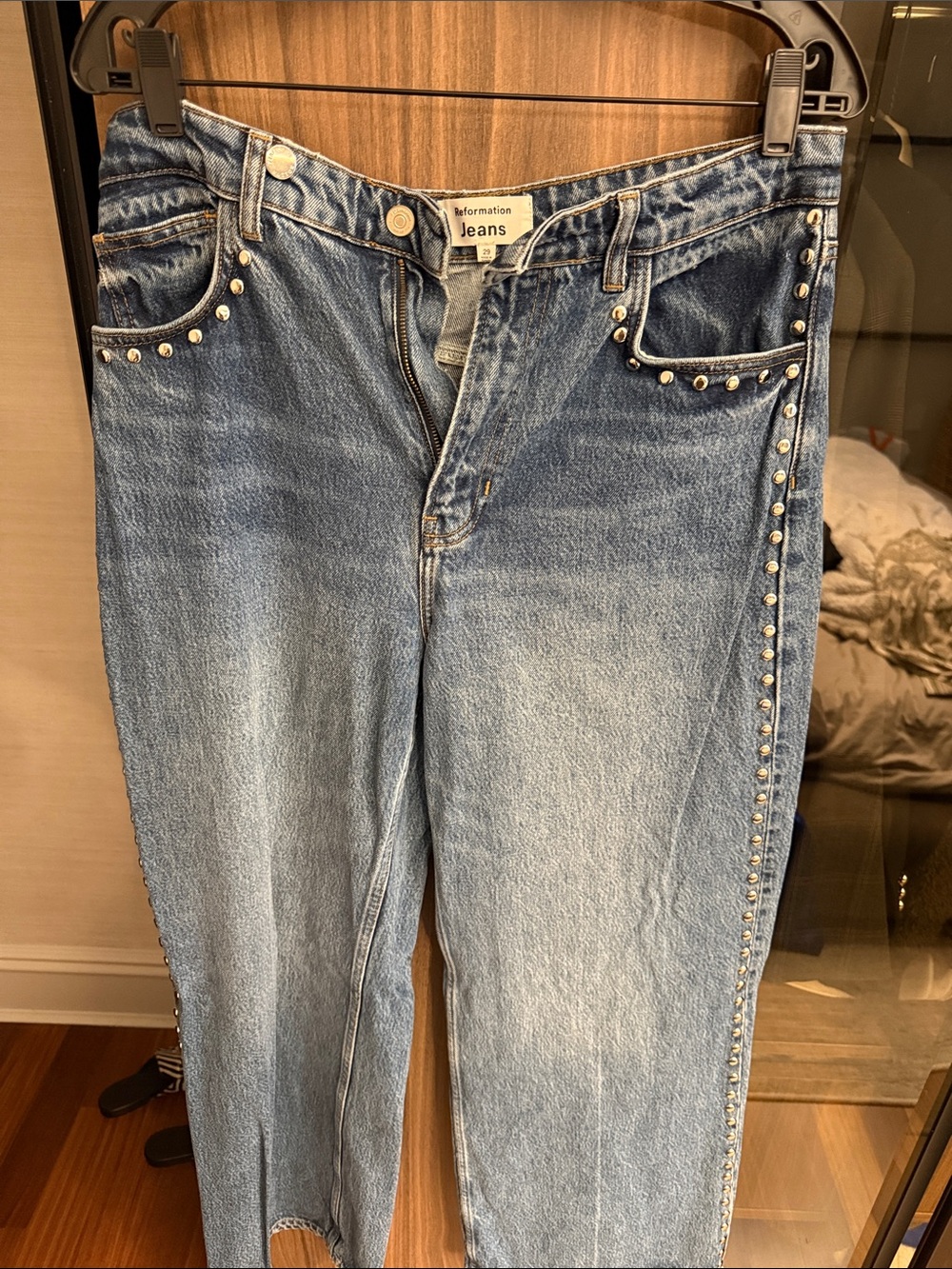 Reformation Light Blue High-Rise Studded Straight Jeans